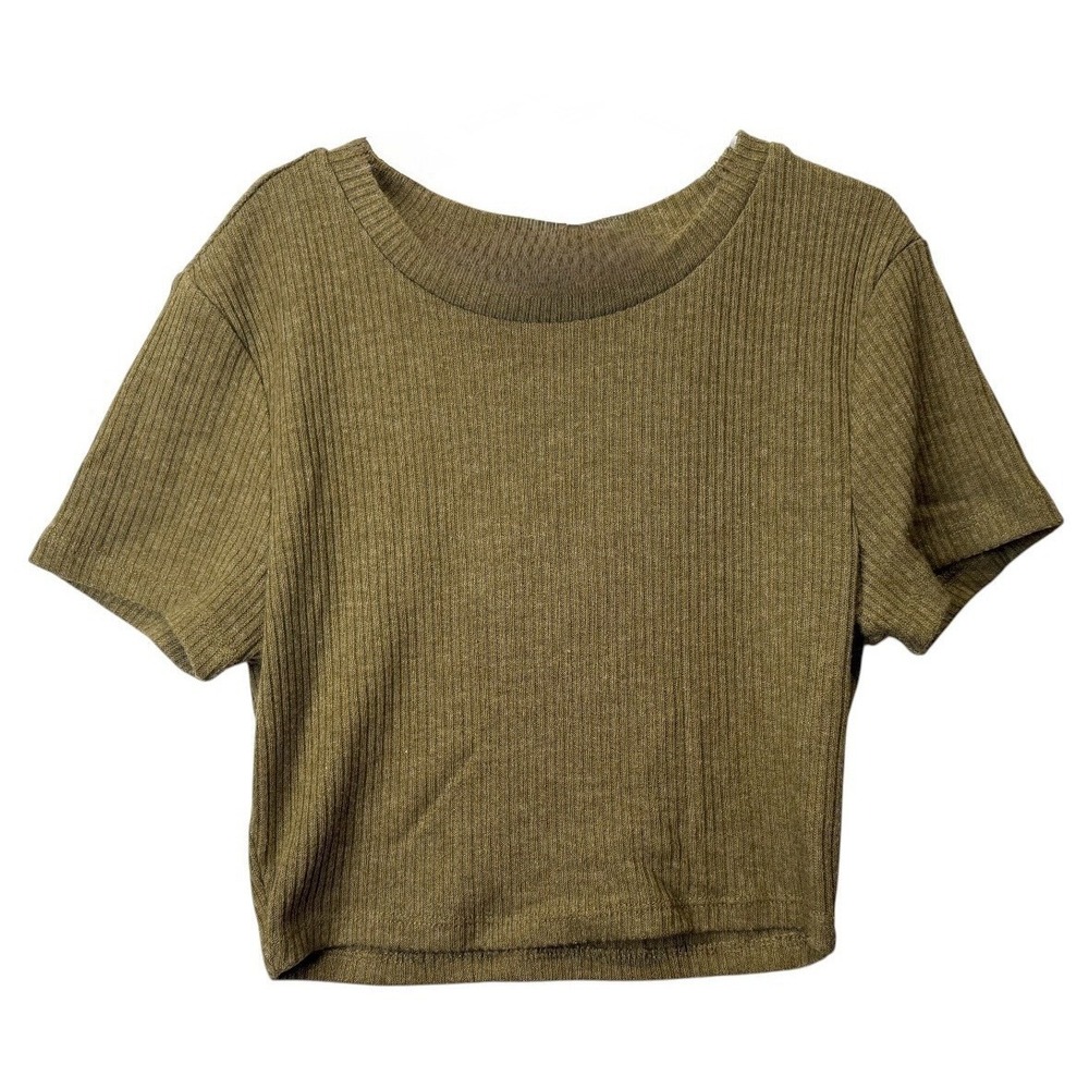 Forever 21 Women's Size Small Ribbed Olive Green Crop Top Shirt Sleeve Stretchy - Picture 1 of 6